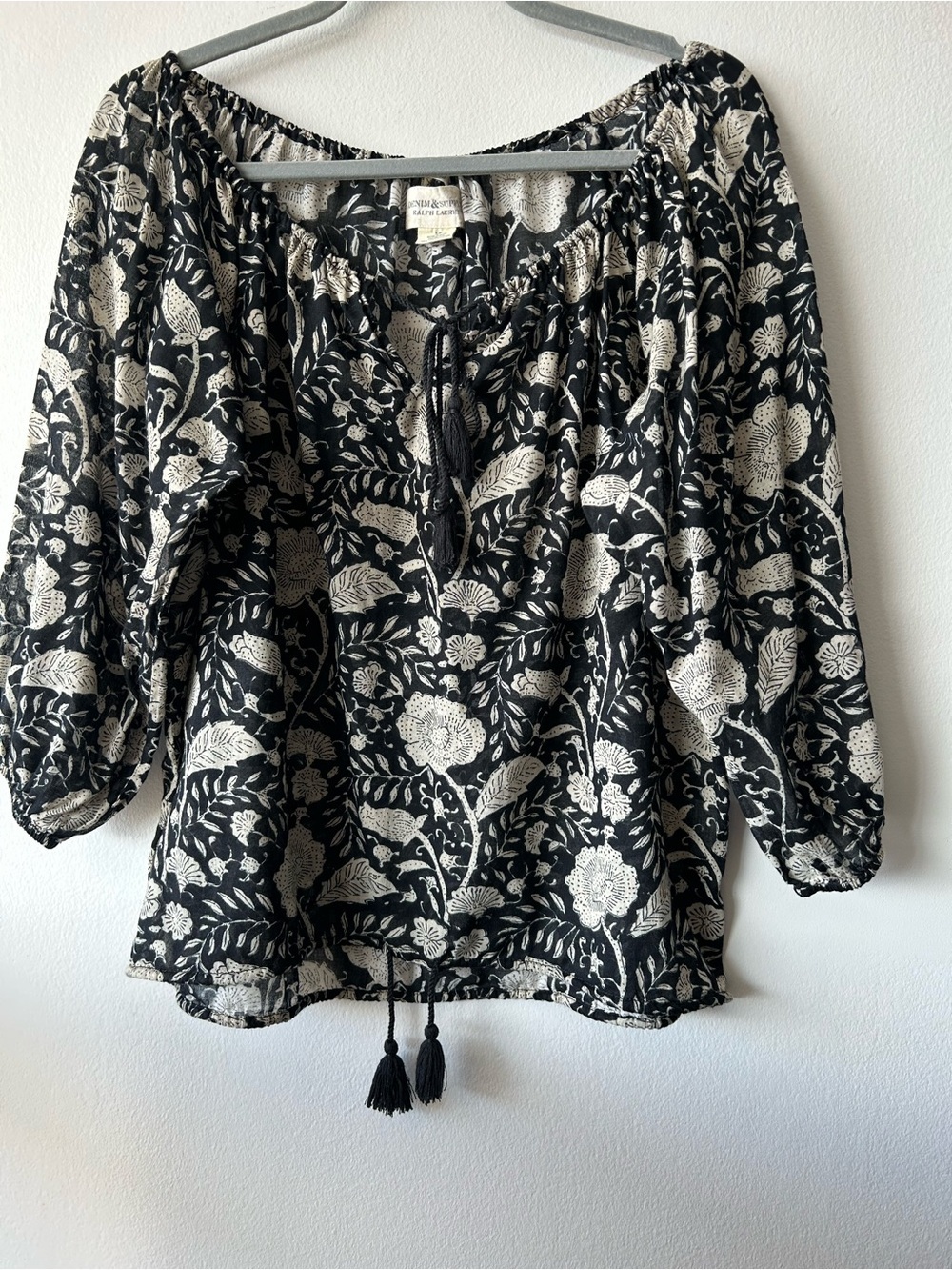Ralph Lauren Denim & Supply 3/4 Sleeve Floral Cotton Tassels Boho Top